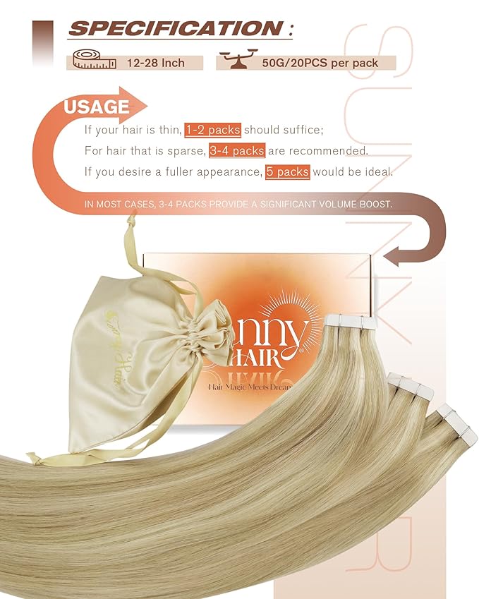 Sunny Hair Tape in Hair Extensions Real Human Hair Invisible Remy Hair Extensions Tape ins for Women Dark Blonde Highlights Light Blonde 20 inch 20Pcs 50G