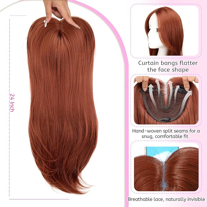 Isaic 24 Inch Synthetic Hair Toppers for Women with Thinning Hair, Clip In Crown Topper Hair Extensions with Adjustable Bandage, Layered Wiglet for Natural Coverage (Copper)