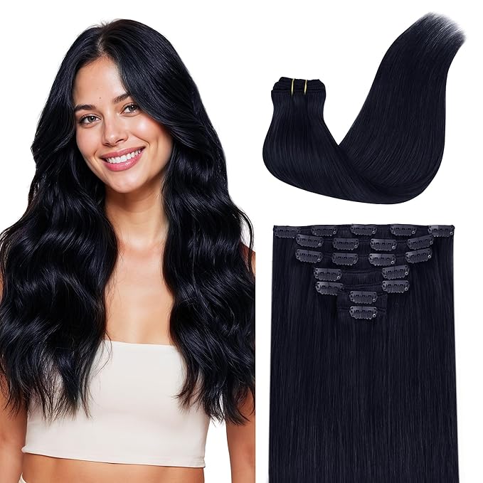 GOO GOO Clip in Hair Extensions Real Human Hair, Remy Human Hair Extensions Clip ins for Women, Natural Human Hair, 16inch 120g 7 Pcs, #1G Blue Black