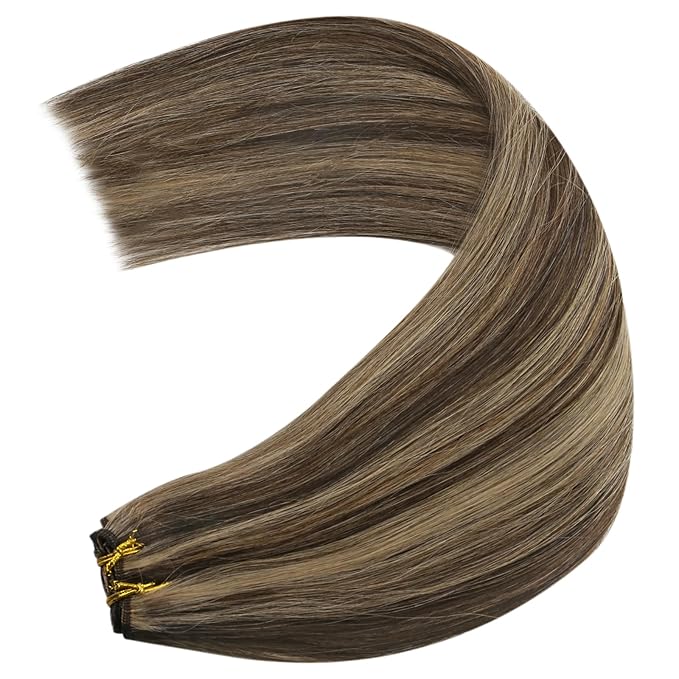 YoungSee 100G Weft Hair Extensions Dark Brown Highlight with Caramel Blonde Sew in Hair Extensions Real Human Hair Short Straight Hair Extension Weft for Women 14inch