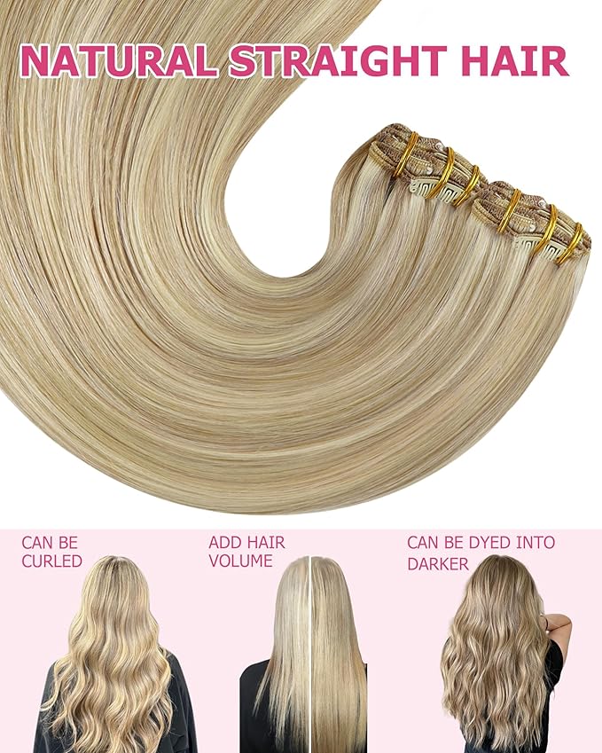 YoungSee Blonde Clip in Hair Extensions Highlights Human Hair Clip in Extensions Light Blonde Highlights Golden Blond Hair Extension Clip ins Easy to Install 7Pcs 120G 14inch