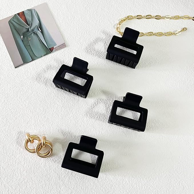 Matte Hair Clips Set: 4 PCS 2" Square Claw Clips for Thin and Thick Hair, All-Black Cute Clips for Women