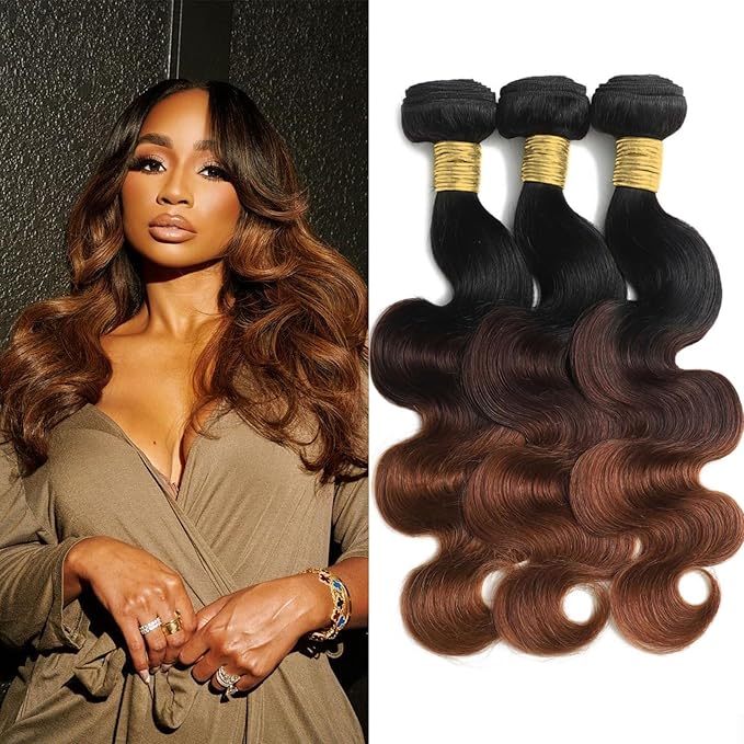 T1B/2/30 Chestnut Brown Ombre Human Hair Bundles Body Wave 100% Real Virgin Human Hair Bundles 24 26 28 Inch Dark Roots Bundle 3 Tone Ombre Medium Auburn Colored Sew in Quick Weaves