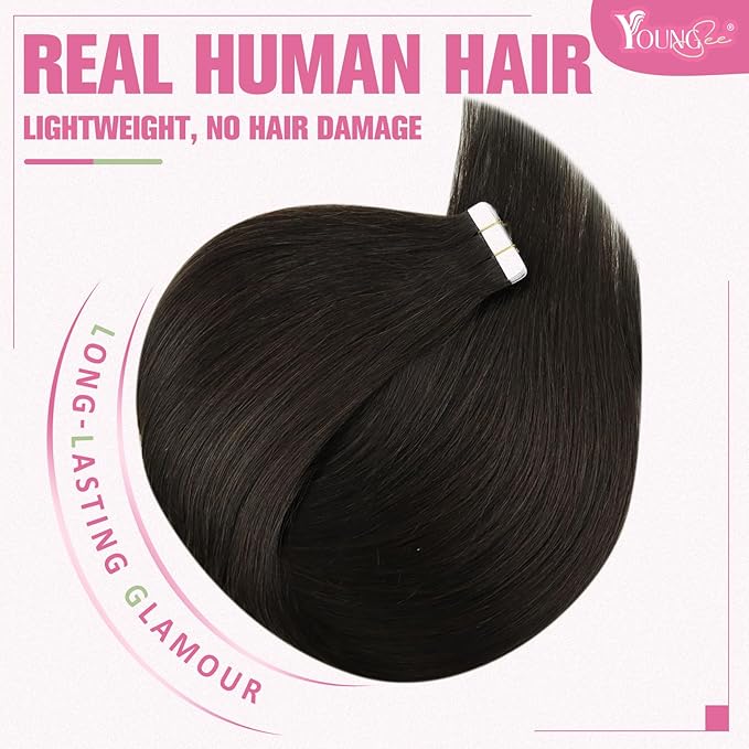YoungSee Human Hair Tape in Extensions Brown Invisible Tape in Hair Extensions Real Human Hair Dark Brown Tape on Remy Hair Extension Straight 18 Inch 20pcs 50g Adding Length