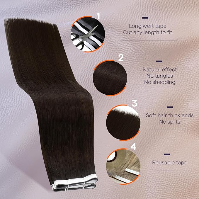 Full Shine Tape in Hair Extensions Human Hair Color 2 Dark Brown Wide Double Sided Tape Long Weft Remy Human Hair Tape in Extensions Genius Weft Hair Extensions 22Inch 50G One Piece for Thinning Hair