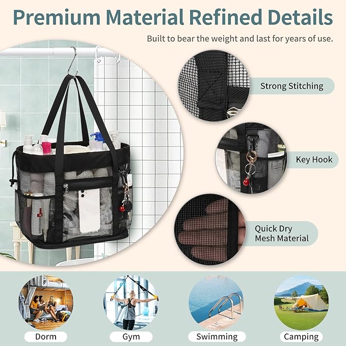 Large Shower Caddy Portable, Mesh Shower Caddy with Hook, Hanging Toiletry Bag with Dividers, Quick Dry Bathroom Tote Shower Bag with Bottom Zipper Open Design for Gym, Dorm, Camping, Beach, Travel