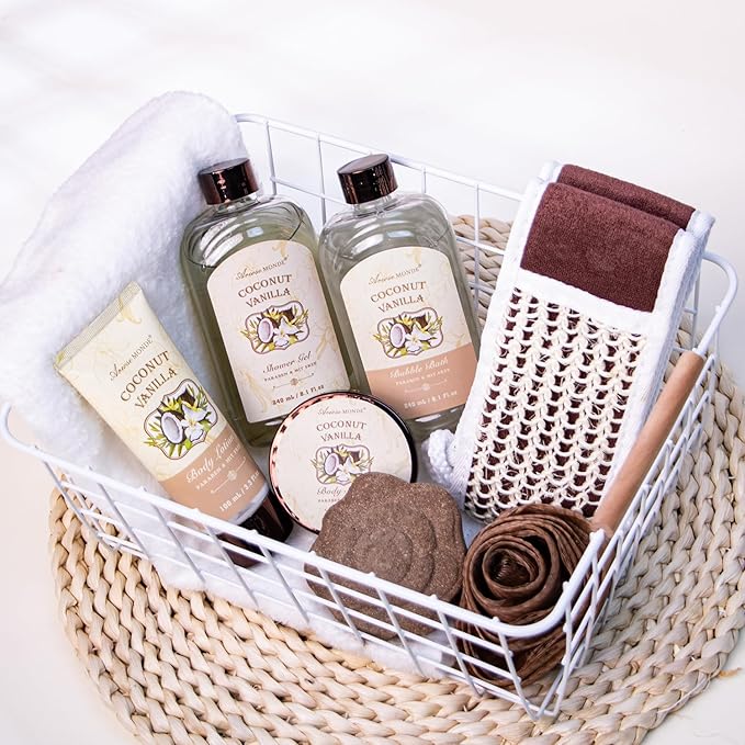 Spa Gift Baskets - Coconut Vanilla Bath Gift Set for Women, Luxury Relaxing Spa Kit with Bath Bombs, Body Lotion and Body Scrub, Birthday Gifts for Women, Christmas Spa Gifts for Mom