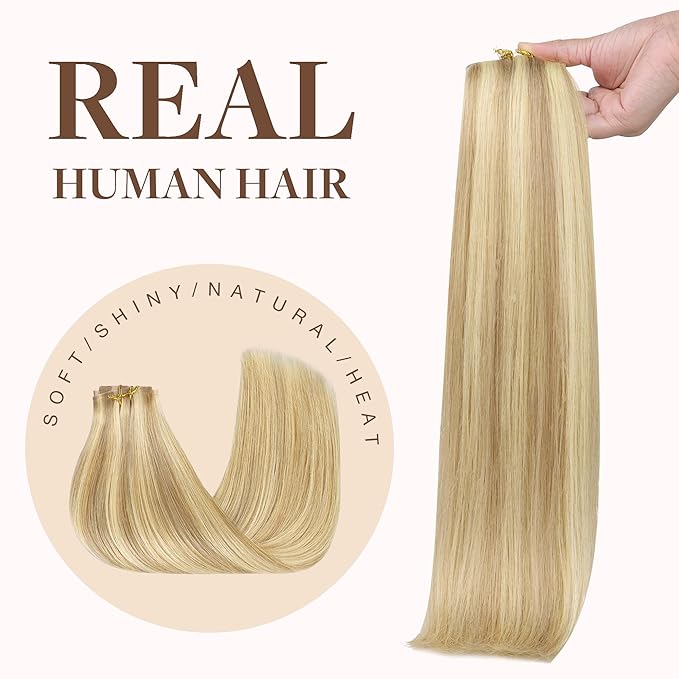 GOO GOO Clip in Hair Extensions Real Human Hair, Remy Human Hair Extensions Clip ins for Women, Natural Human Hair, 14inch 130g 9Pcs, 18D/22F Dirty Blonde Highlights