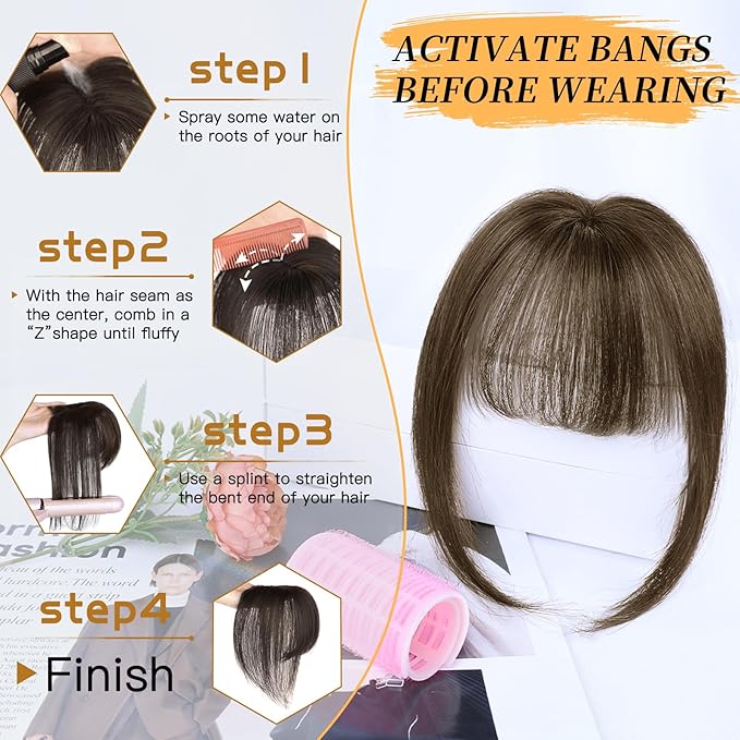 NAYOO Hair Toppers for Women Real Human Hair, 360° Cover Clips in Full Fringe Fake Bangs Hair Pieces for Women Girls Daily Wear(Brown)
