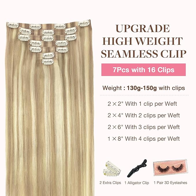GOO GOO Clip in Hair Extensions Real Human Hair, Remy Human Hair Extensions Clip ins for Women, Natural Human Hair, 24inch 160g 7Pcs, 18A/613A Dark Blonde Highlighted Bleach Blonde