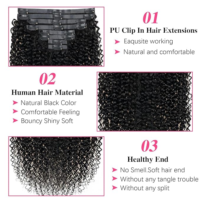 Seamless Kinky Curly Clip in Hair Extensions Real Human Hair Brazilian Virgin 3c 4a Curly Clip ins Human Hair Extensions (16inch,#1B)