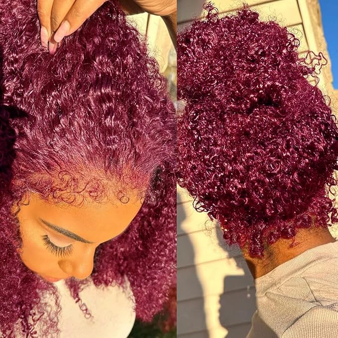 250 Density Hidden Strap 360 Full Lace Front Wigs Human Hair Pre Plucked Bleached Konts Pre Cut Lace Deep Wave HD Lace Frontal Wig with Drawstring Burgundy Wig Human Hair 360 Glueless Wigs(18inch)