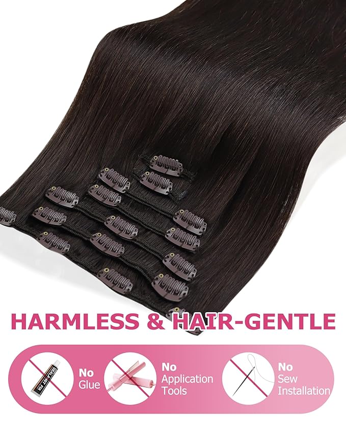 YoungSee 135G Brown Hair Extensions Clip ins Darkest Brown Clip in Hair Extensions Real Human Hair Thick Hair Clip in Extensions 16Inch 7Pcs