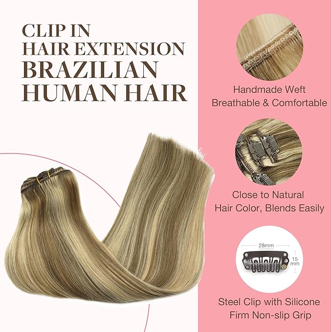 GOO GOO Clip in Hair Extensions Real Human Hair, Remy Human Hair Extensions Clip ins for Women, Natural Human Hair, 22inch 120g 7Pcs, 8A/22 Medium Brown Highlighted Golden Blonde