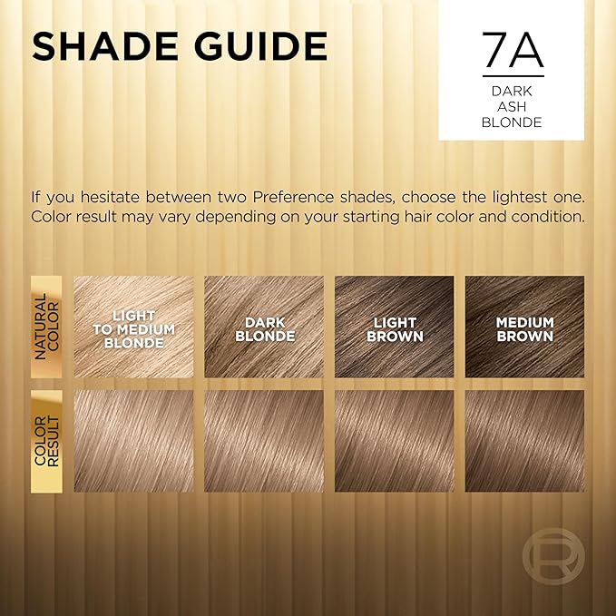 L'Oreal Paris Superior Preference Luminous Fade-Defying Permanent Hair Color, Hair Dye For Up to 9 Weeks of Radiance, Dark Ash Blonde 7A, 1 Hair Dye Kit