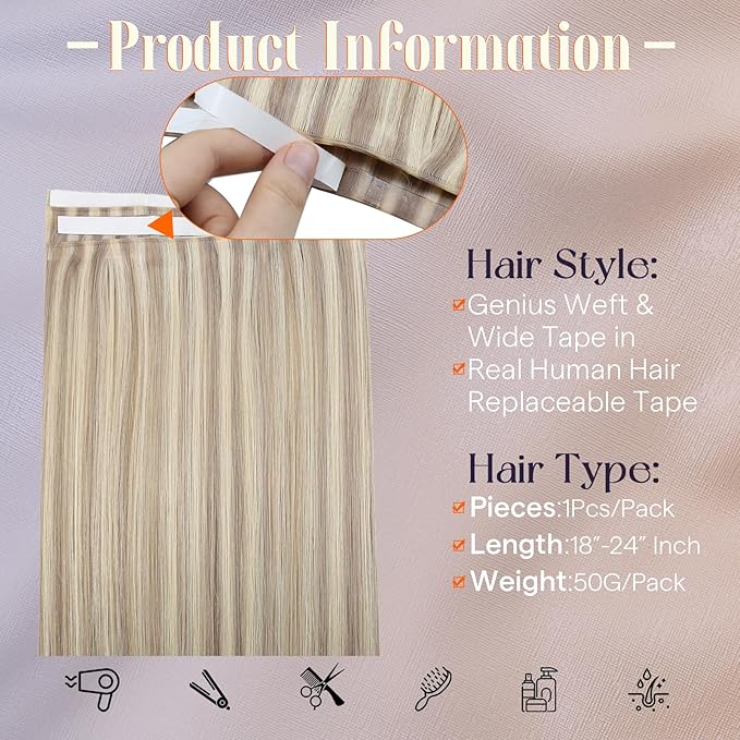 Full Shine Tape in Weft Hair Extensions Human Hair Color 18 Ash Blonde And 613 Blonde Hair Extensions Genius Weft Human Hair Tape in Extensions 22Inch Long Tape Weft Wire Adjustable Size 50G One Piece