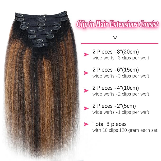 T1BP1B/30 Kinky Straight Clip in Hair Extensions Real Human Hair Colorful Omber Kinky Straight Clip ins 12 Inch Clip on Hair for Full Head, Wear and Go Kinky Clip ins