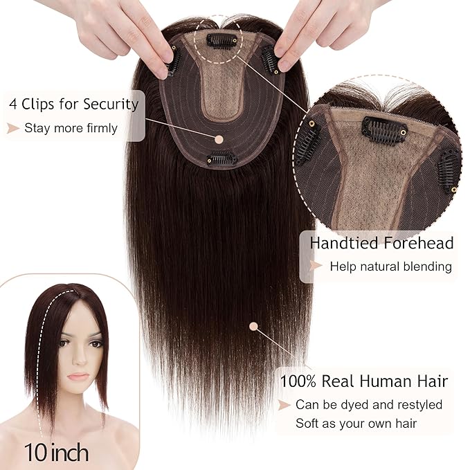 Hair Toppers for Women Real Human Hair No Bangs, 13 * 15 cm Larger Silk Base 150% Density Clip In Topper Hairpieces, Wiglet Top Pieces Add Volume -10 Inch 02 Dark Brown