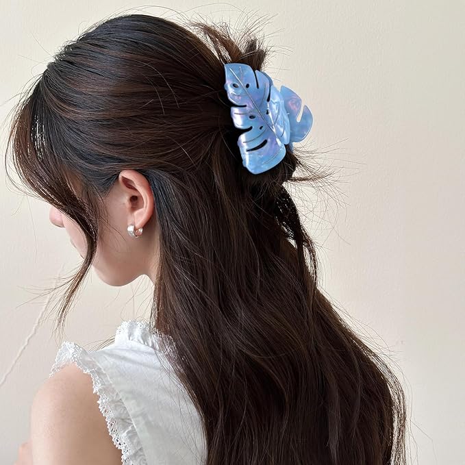 Sky Blue Leaf Hair Claw Clip 3.5 Inch Strong Grip Hair Clip French Design Women Girls Hair Styling Accessories for Thick Thin Hair