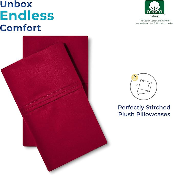 THREAD SPREAD 100% Egyptian Cotton Pillow Cases - 1000 Thread Count Pillow Cases Queen/Standard Size Set of 2, Soft, Breathable Extra Long Staple Sateen Weave Cotton Pillow Covers for Bed - Red
