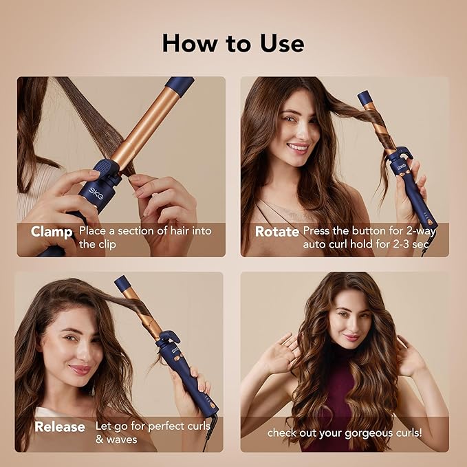 SKG Automatic Rotating Curling Iron, 1-Inch Ceramic Barrel, 2-Way Rotation, 3 Heat Levels, 60s Fast Heating, 30-Min Auto Shut-Off, Dual Voltage, for Effortless Beach Waves & Curls