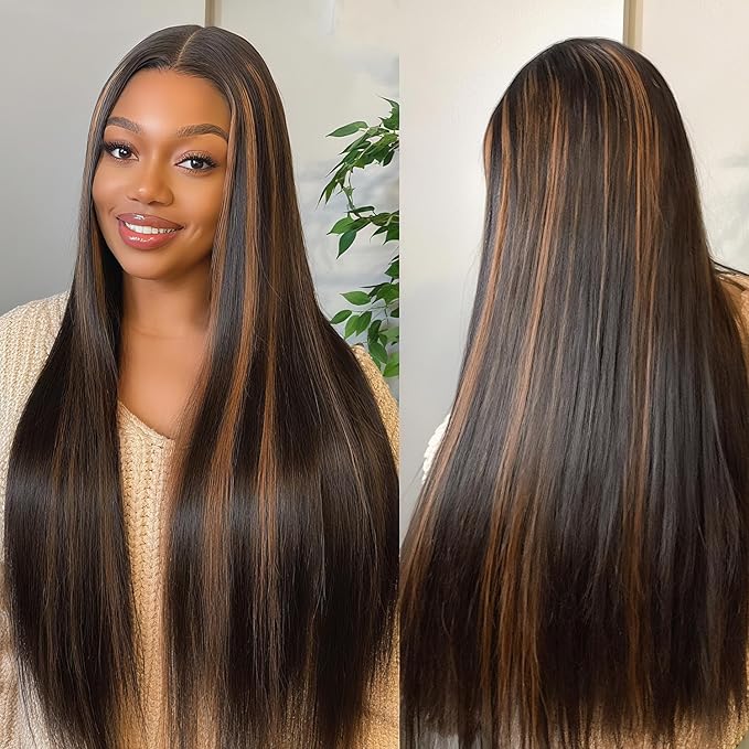 Highlight Ombre Lace Front Wig Human Hair Straight Wigs Human Hair 1B/30 Brown Highlight 13x4 Lace Front Wigs human hair Pre Plucked 200% Density Colored 26 Inch Balayage Glueless Wigs for Women