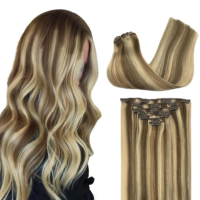 GOO GOO Clip in Hair Extensions Real Human Hair, Remy Human Hair Extensions Clip ins for Women, Natural Human Hair, 16inch 120g 7Pcs, 8A/22 Medium Brown Highlighted Golden Blonde