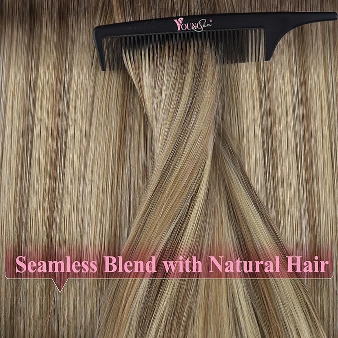 YoungSee Tape in Hair Extensions Real Human Hair Balayage Tape in Extensions Light Brown Ombre Blonde Human Hair Tape-in Extension Invisible Tape-on Hair Extension 16In for Women 50g