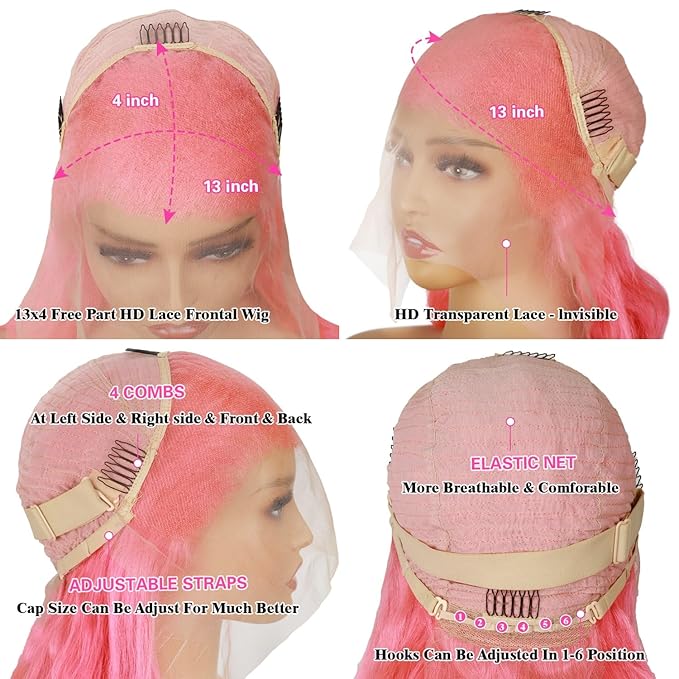 Pink Wig Human Hair 12A Body Wave Colored Wig Pre Plucked 13x4 Lace Front Wig 200 Density Pink Colored Hd Transparent Lace Frontal Wigs 30 Inch