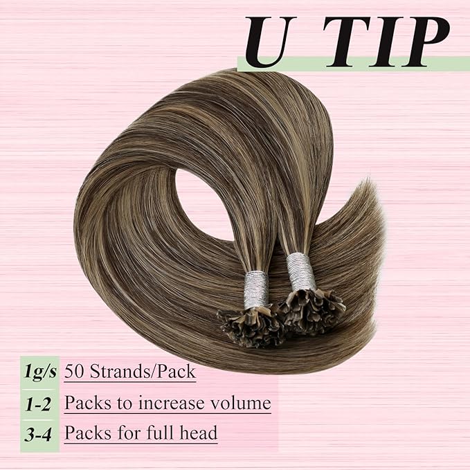 YoungSee U Tip Hair Extensions Human Hair Brown Highlight K Tip Hair Extensions Real Human Hair 24 Inch Keratin Hair Extension Blonde Highlight Utip Extension Dark Brown Highlight Blonde 50s/50g