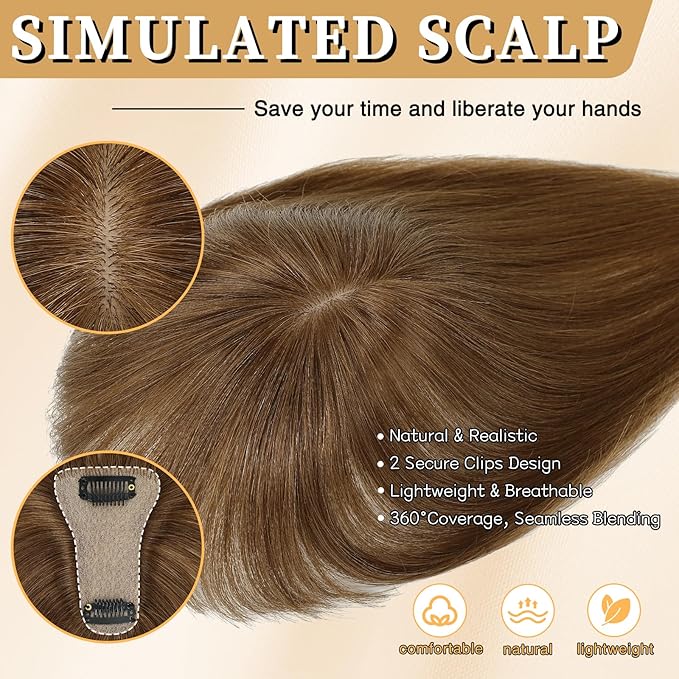NAYOO Hair Toppers for Women Real Human Hair, 360° Cover Clips in Full Fringe Fake Bangs Hair Pieces for Women Girls Daily Wear(Light Brown)