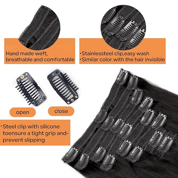 Straight Clip In Hair Extensions Real Human Hair 8Pcs Clip In Jet Black Human Hair Extensions with 18Clips Lace Weft 120g 14inch