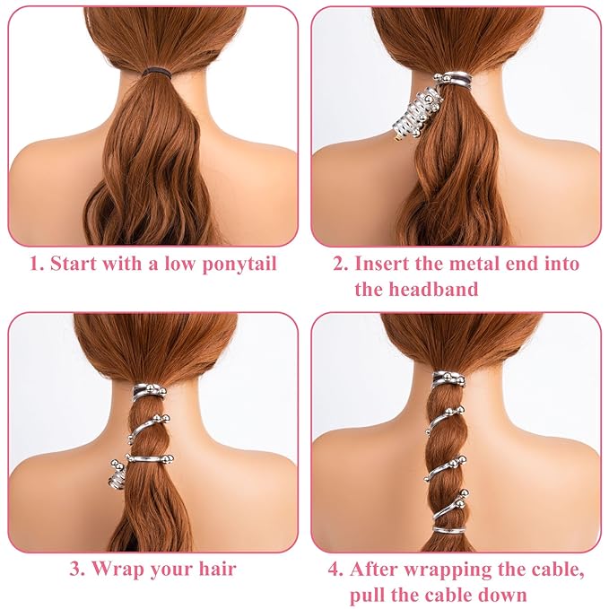 4PCS Bead Spiral Hair Ties, Artificial Pearl Bead Phone Cord Ponytail Holders for Women, Elegant Rubber Hair Coils, Stylish Hair Accessories for Party, Daily Use - White, Silver Bead