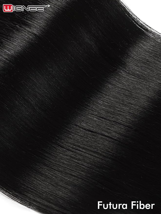 WIGNEE 13x6 Synthetic Lace Front Wig 28" Long Straight Wig Natural Black Kanekalon Futura Synthetic Wigs for Black Women Pre-Plucked Glueless Wig for Daily Party Use