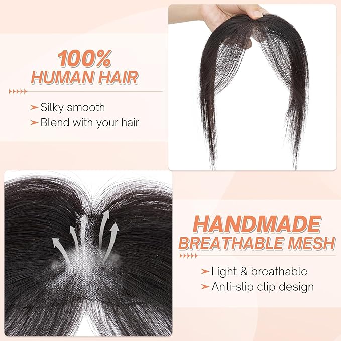 Benehair Clip on Bangs for Women Human Hair, Fake Bangs Clip Human hair, Middle Part Bangs Clip in Hair Extensions Hair Pieces with Temples for Daily Wear (Natural Black)