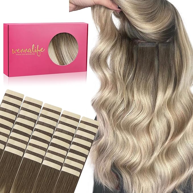 WENNALIFE Tape in Hair Extensions Human Hair, 40pcs 100g 22 inch Ombre Sandy Brown to Platinum Blonde Hair Extensions Real Human Hair Straight Tape in Extensions Invisible Human Hair Extensions