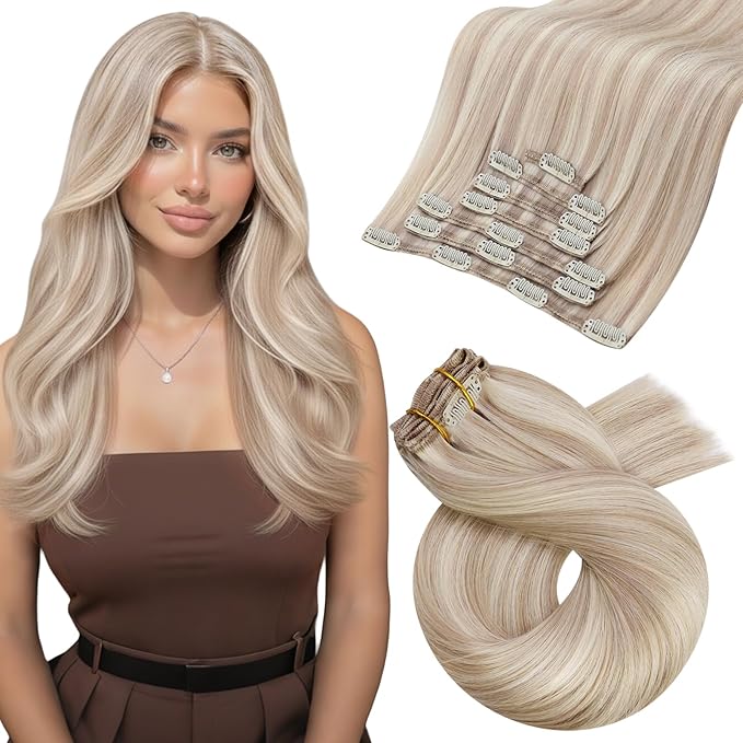 Moresoo Blonde Highlight Clip in Hair Extensions Ash Blonde with Bleach Blond Remy Clip in Human Hair Extensions Straight Double Weft 120g/7pcs 18 inch