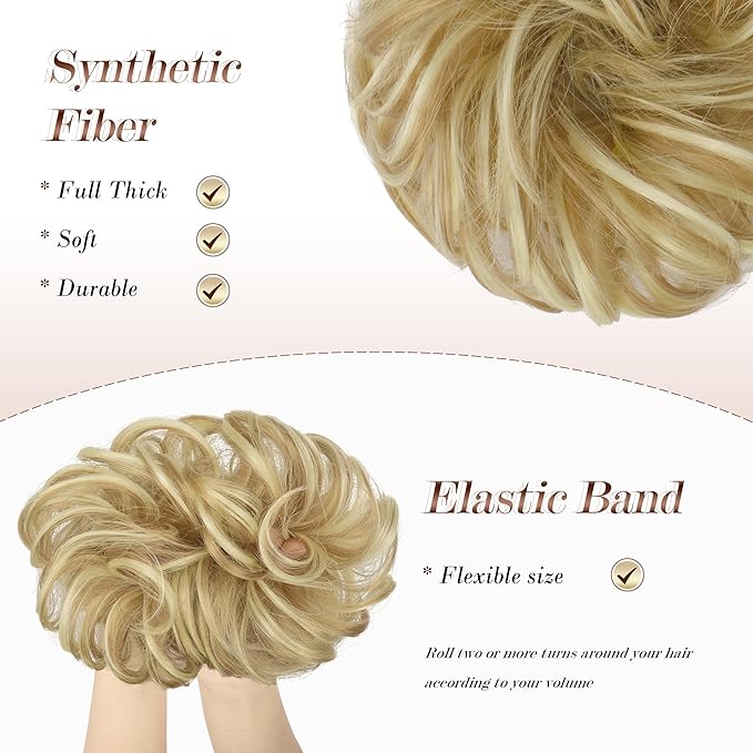 FESHFEN Messy Bun Hair Piece - Large Elastic Wavy Curly Hair Bun Scrunchies Ponytail Extensions Synthetic Chignon Hairpieces for Women, Light Ash Brown & Bleach Blonde 1.94oz