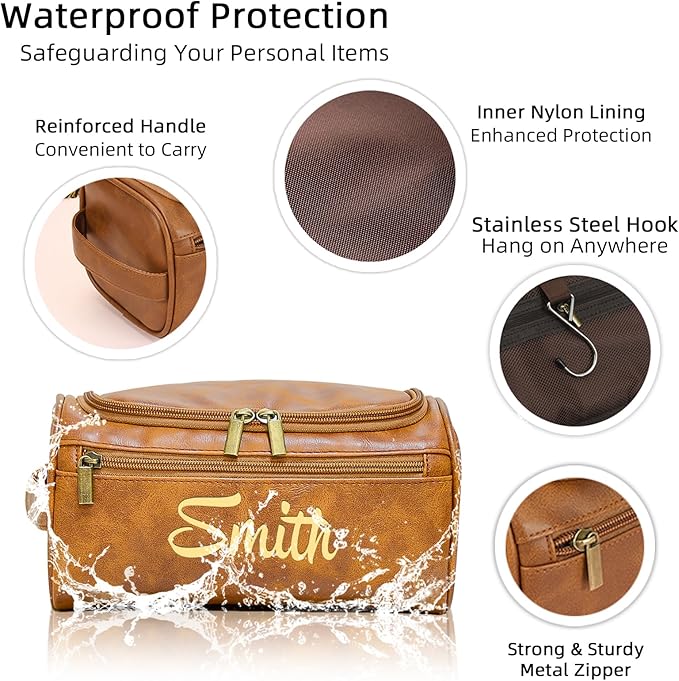 Personalized Toiletry Bag for Men, Engraved Name Initials Toiletry Bag, Customized Monogram Travel Shaving Dopp Kit for Groomsmen, Gift for Christmas, Birthday, Dad, Husband (Brown)