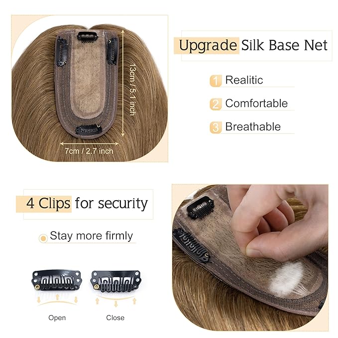 SEGO Human Hair Toppers for Women With Thinning Hair, 7 * 13CM Silk Base 100% Real Human Hair Clip in Top Wiglet Hairpieces //12 Inch No Bangs Light Brown