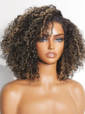 LUVME HAIR 10 Inch Blonde Highlight Short Curly Human Hair Wig Glueless Pre Plucked Left C Parted Ombre Bob Wig, Ready to Go Pre Cut HD Lace Closure Wig