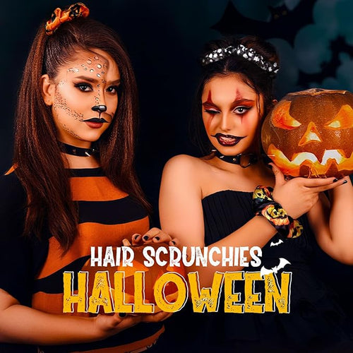 12PCS Halloween Scrunchies Soft Boo Basket Spooky Skeleton Bats Orange Fall Pumpkin Gifts Hair Ties Big Scrunchy Elastics Hair Bands Ponytail Holder Cute Halloween Accessories for Women Girls