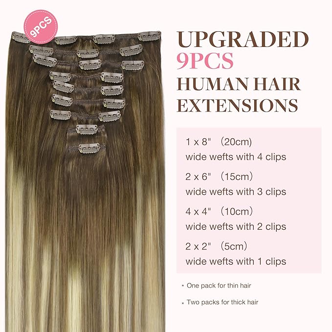 GOO GOO Clip in Hair Extensions Real Human Hair, Remy Human Hair Extensions Clip ins for Women, Natural Human Hair, 24inch 150g 9Pcs, #3/8/613 Balayage Walnut Brown to Ash Brown and Bleach Blonde