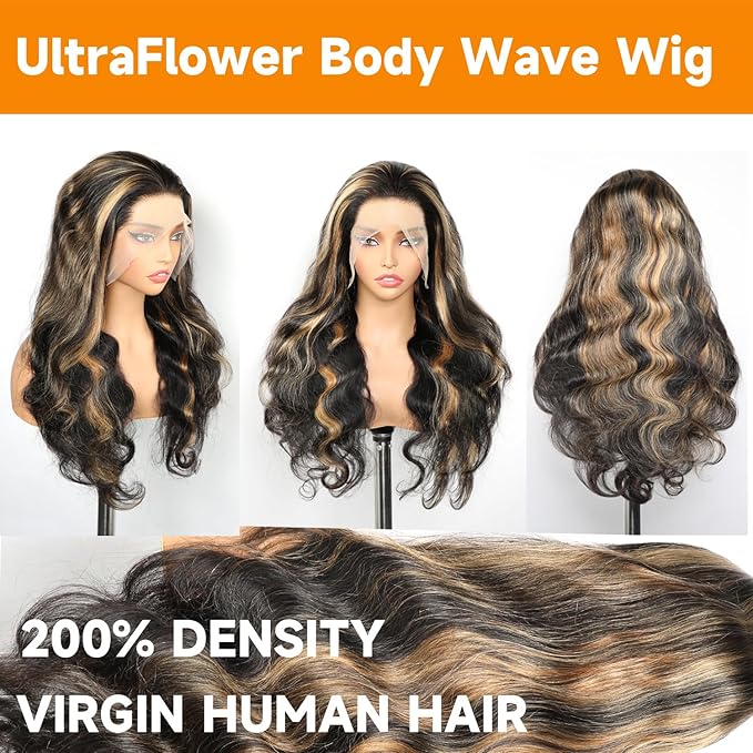 30 Inch Balayage 13x6 Ombre Lace Front Wig Human Hair Colored 1b/27 Honey Blonde Highlight Body Wave Lace Front Wigs Human Hair 200 Density HD Lace Frontal Wigs Pre Plucked Glueless Wigs for Women