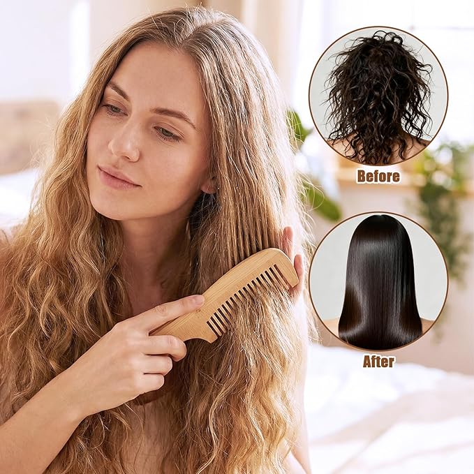 3 Pcs Bamboo Comb for Hair Growth, Natural Handmade Bamboo Anti-Static Combs Set - Wide Tooth, Rat Tail & Fine Tooth, Natural Nan Zhu Bamboos Wooden Combs for Hair & Beard, Travel Friendly