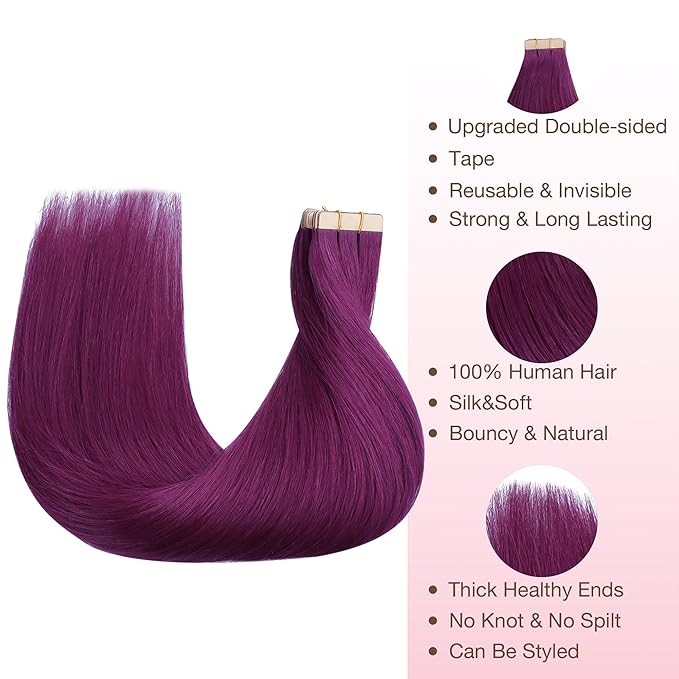 GOO GOO Tape in Hair Extensions Human Hair, Violet, 16inch 25g 10pcs, Colored Tape ins Human Hair Extensions, Silky&Soft Invisible Tape Ins, Hair Highlighted for Party