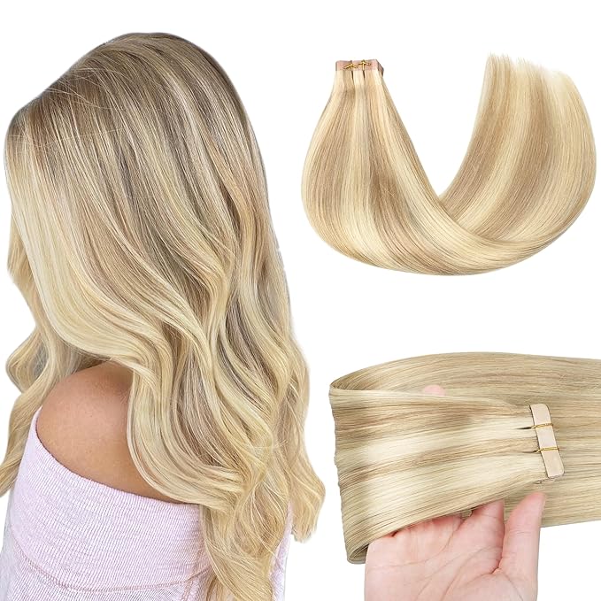 GOO GOO Tape in Hair Extensions Human Hair, 18A/613A Dark Blonde Highlighted Bleach Blonde, 14inch 50g 20pcs, Skin Weft Seamless Invisible, Silky Straight with Thick Ends, Remy Human Hair