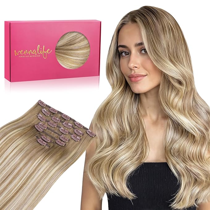WENNALIFE Clip in Hair Extensions Real Human Hair, 20 Inch g 7pcs Balayage Dirty Blonde with Platinum Ends Remy Hair Straight Natural Extensiones De Cabello Humano Con Clip Ins