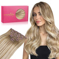 WENNALIFE Clip in Hair Extensions Real Human Hair, 14 Inch 120g 7pcs Balayage Dirty Blonde with Platinum Ends Remy Hair Natural Double Weft