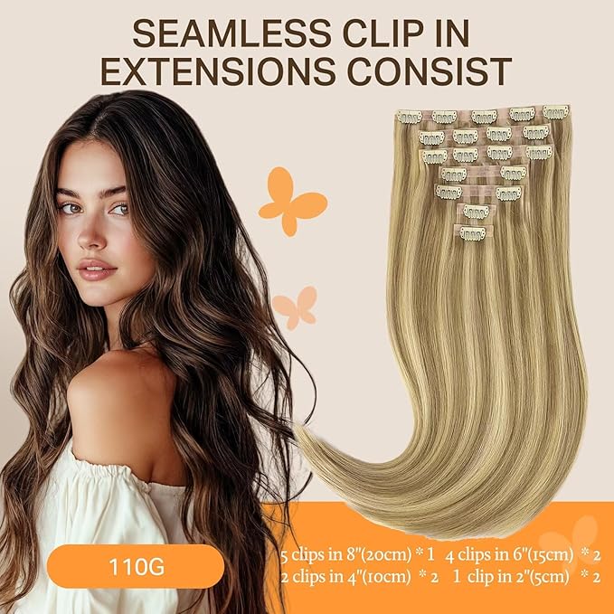 DOORES Real Human Hair Extensions, Light Blonde Highlighted Golden Blonde 14 Inch 110g 7pcs, Seamless Clip in Remy Straight Hair Invisi Edge Extensions